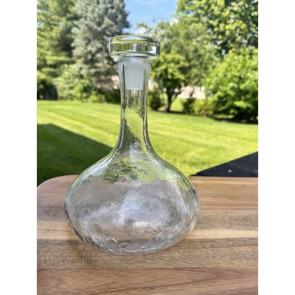 Vintage MCM Blenko Clear Crackle Glass Bottle Decanter 9.5”